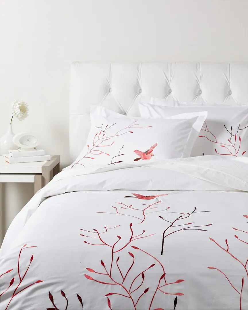 Embroidered Swallow 3pc Cotton Duvet Cover Set - Red image