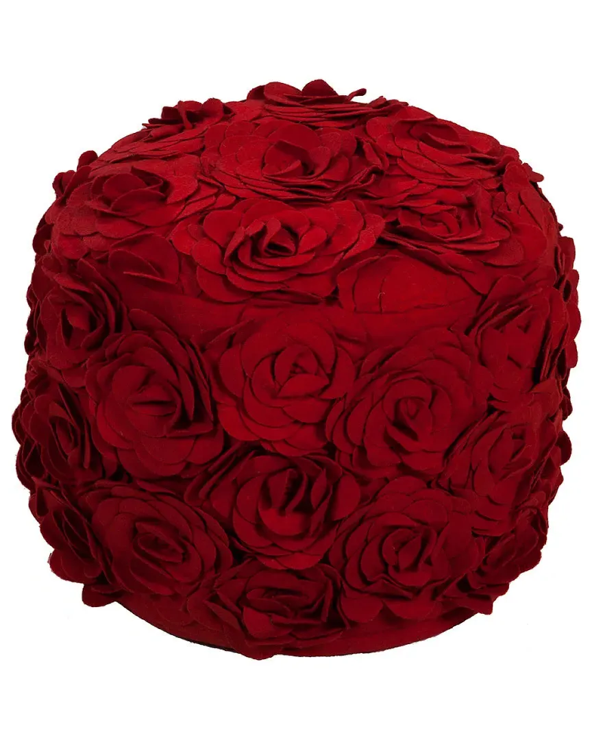 Round Wool Pouf with Flower Appliques - Beige image