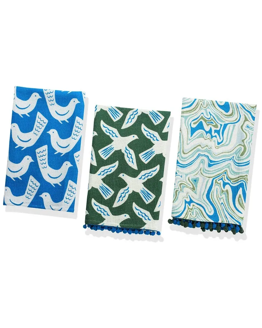 Bird & Marble Print Kitchen Towel Set - Blue, Cotton image