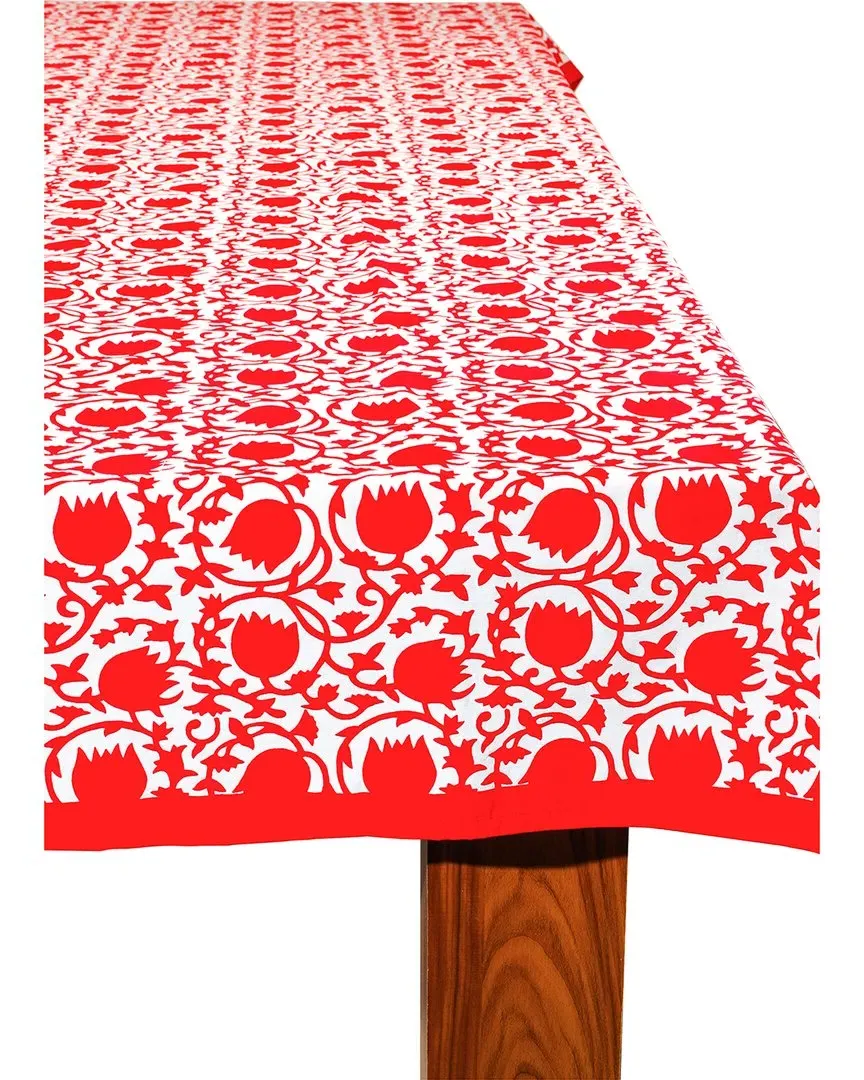 Crimson Bloom Block Print Cotton Tablecloth - Red