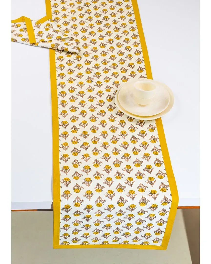 Golden Marigold Block Print Table Runner - Yellow, Cotton
