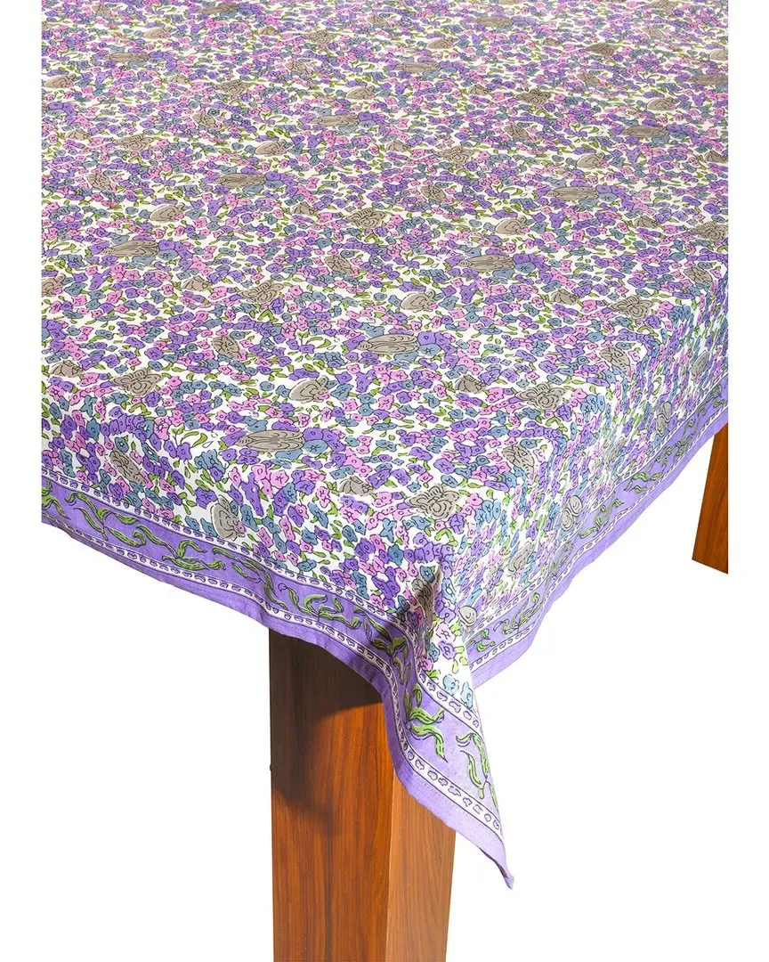 Lavender Blossom Block Print Cotton Tablecloth - Ivory