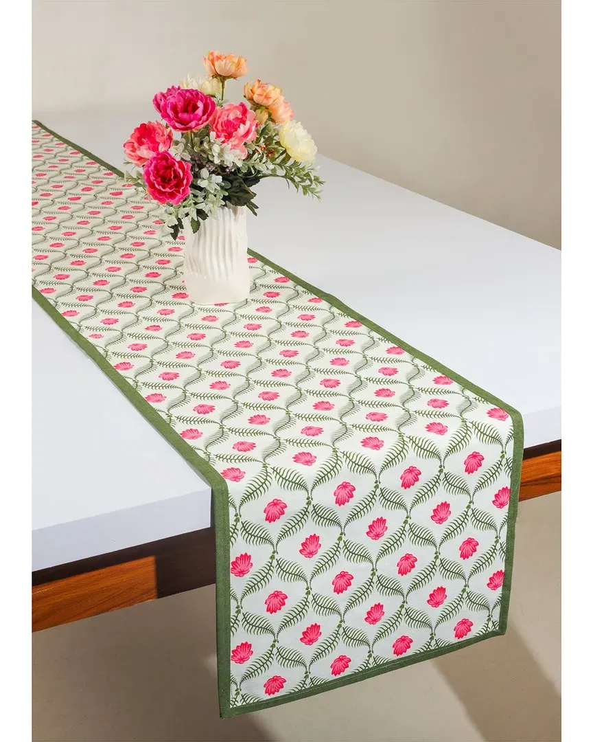 Lotus Garden Block Print Table Runner - Green, Cotton image