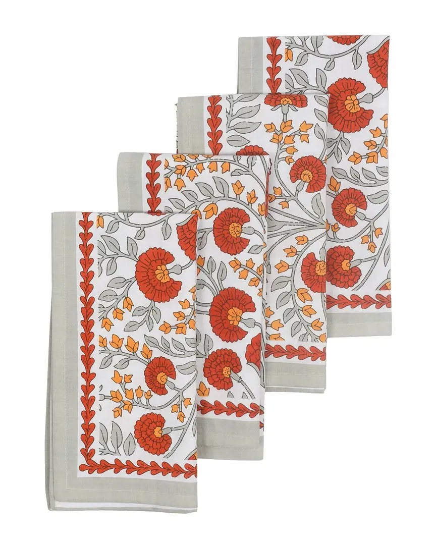 Scarlet & Slate Floral Block Print Cotton Napkins - Red image