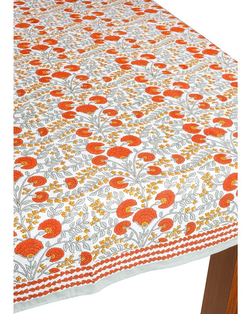 Scarlet & Slate Floral Block Print Cotton Tablecloth - Red