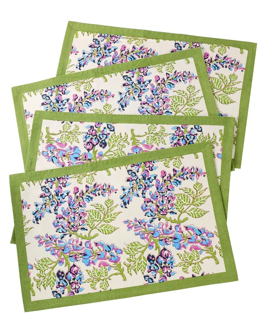 Set of 4 Bluebell Symphony Block Print Placemats - Green, Cotton