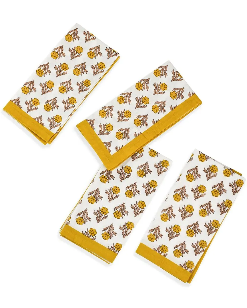 Set of 4 Golden Marigold Block Print Napkins - Yellow, Cotton image