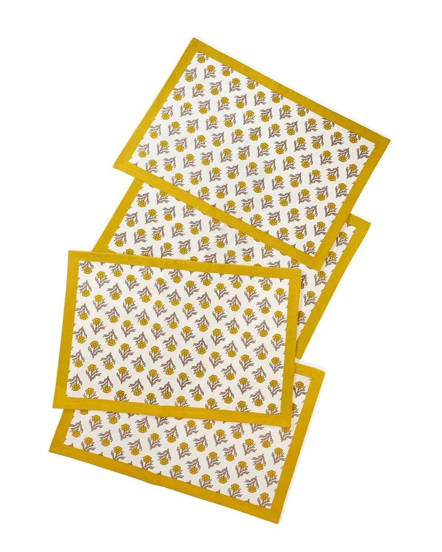 Set of 4 Golden Marigold Block Print Placemats - Yellow, Cotton