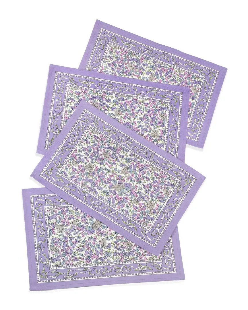 Set of 4 Lavender Blossom Block Print Placemats - Purple, Cotton image