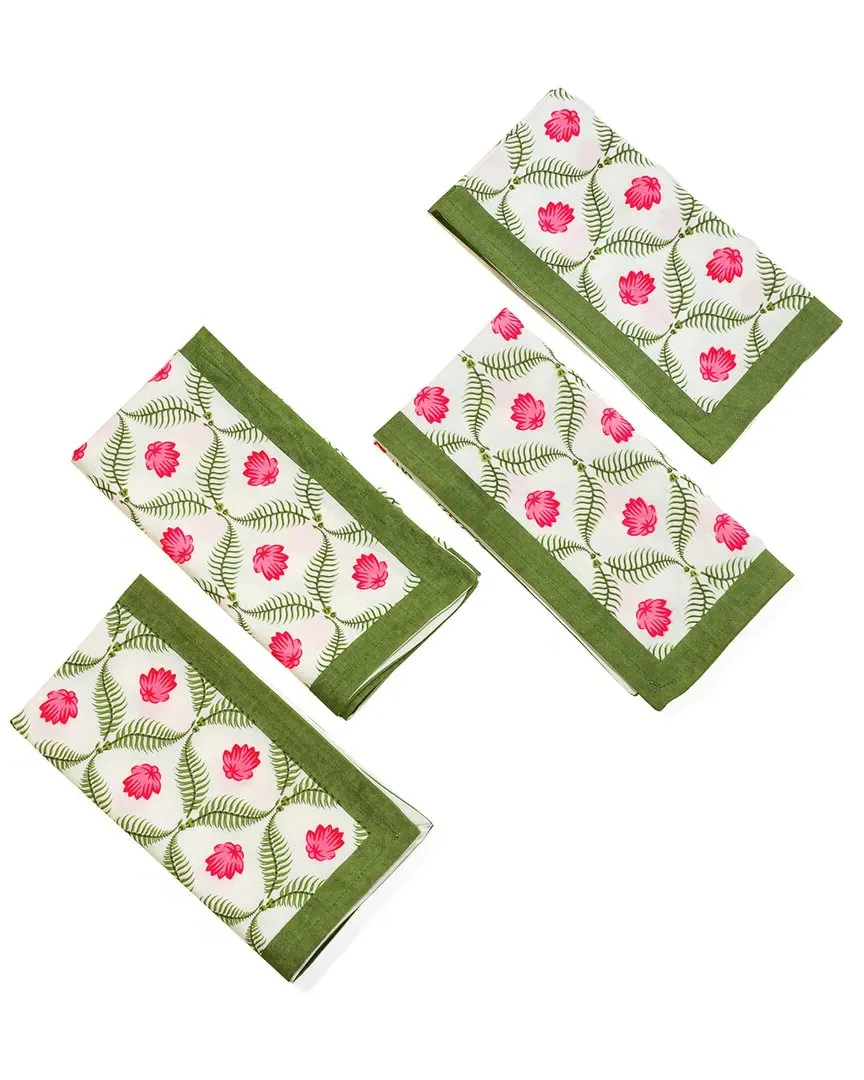 Set of 4 Lotus Garden Block Print Napkins - Green, Cotton image