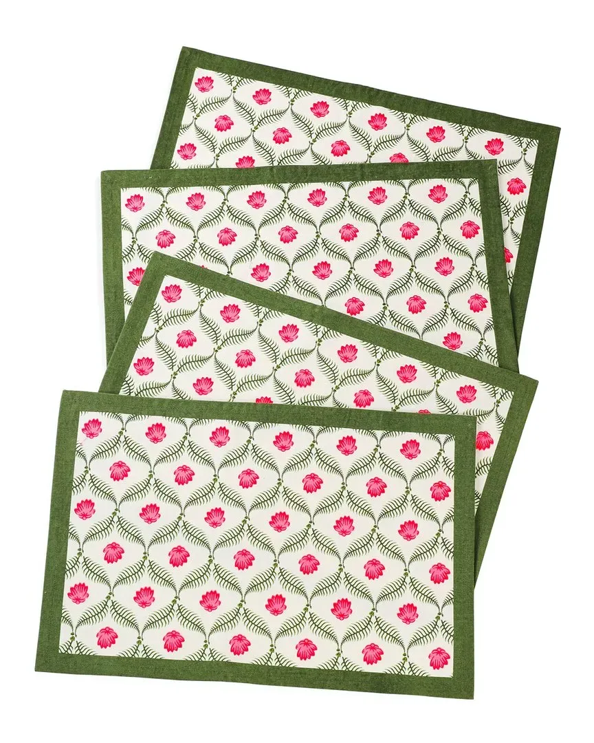 Set of 4 Lotus Garden Block Print Placemats - Green, Cotton