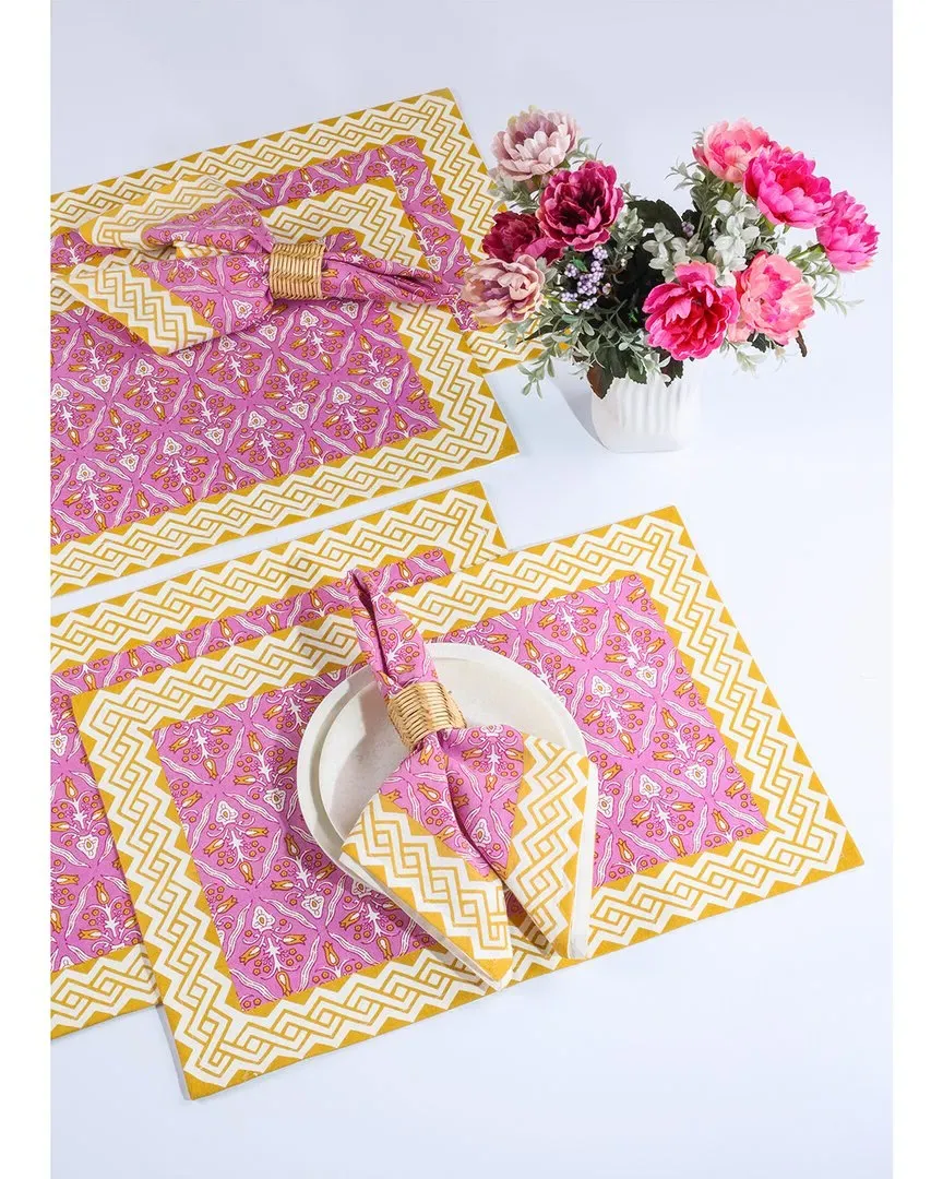 Set of 4 Orchid Block Print Placemats - Yellow, Cotton image