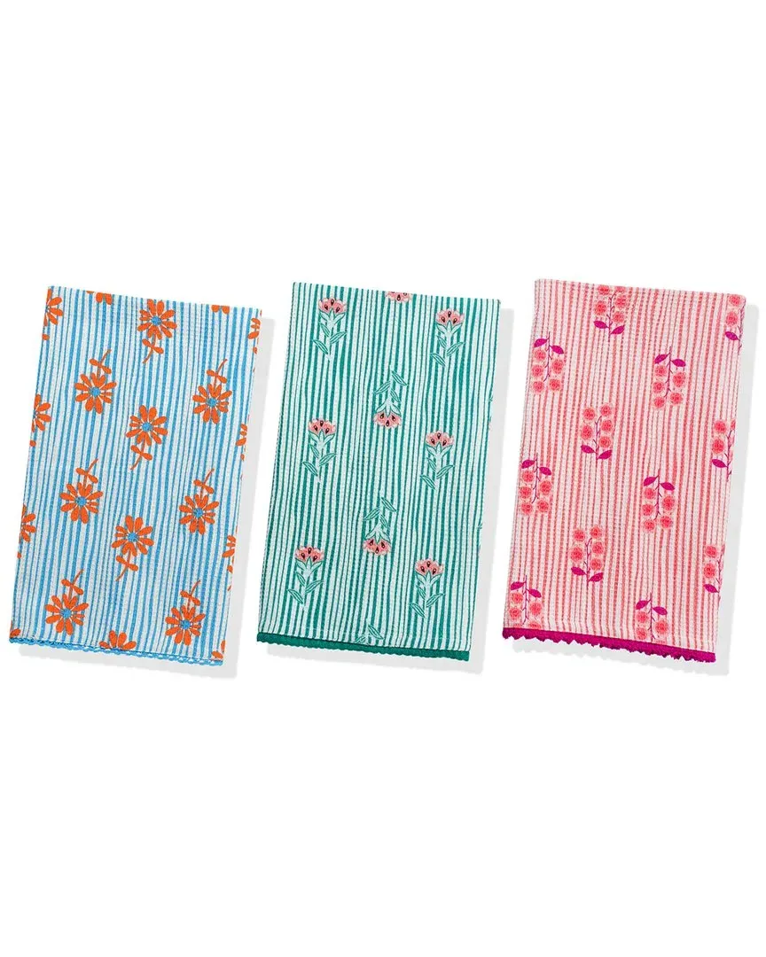 Summer Floral Stripe Kitchen Towel Set - Multi-Color, Cotton