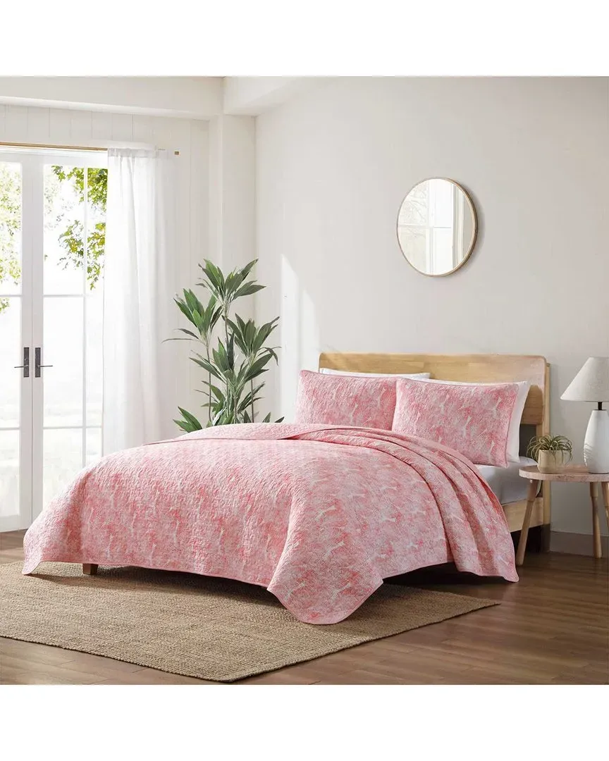 Distressed Water Leaves Reversible Quilt Set - Coral, Cotton