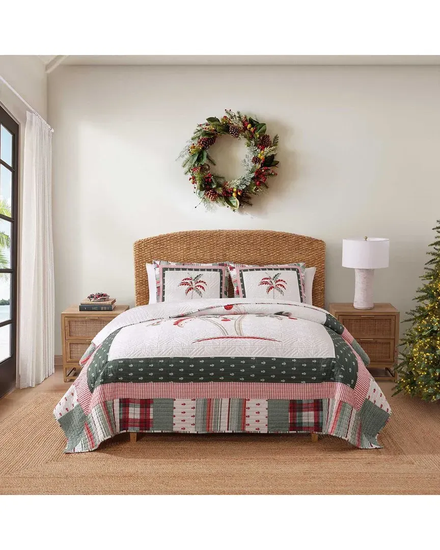 Palm Tree Patchwork Cotton Percale Quilt Set - Red/Green image