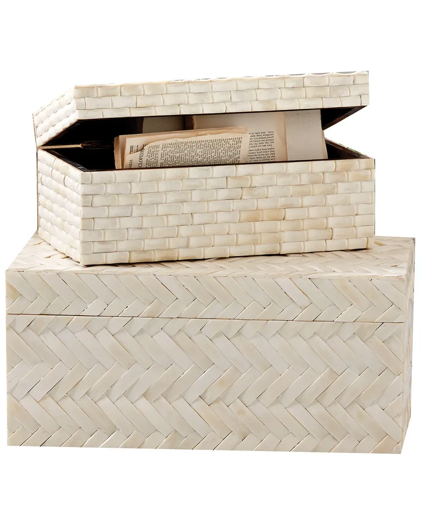 Basket Weave Set of 2 Bone Boxes - White image