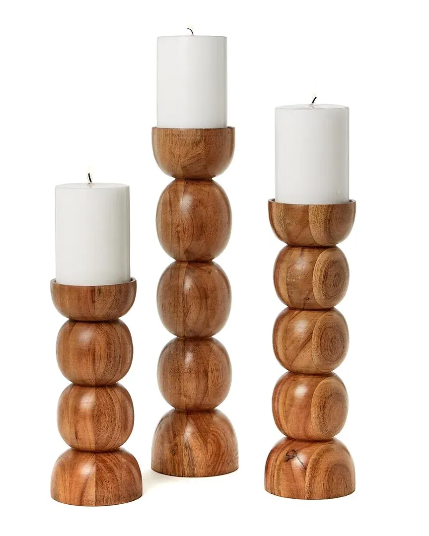 Set of 3 Spheres Hand-Crafted Pillar Candleholders - Brown, Acacia Wood image