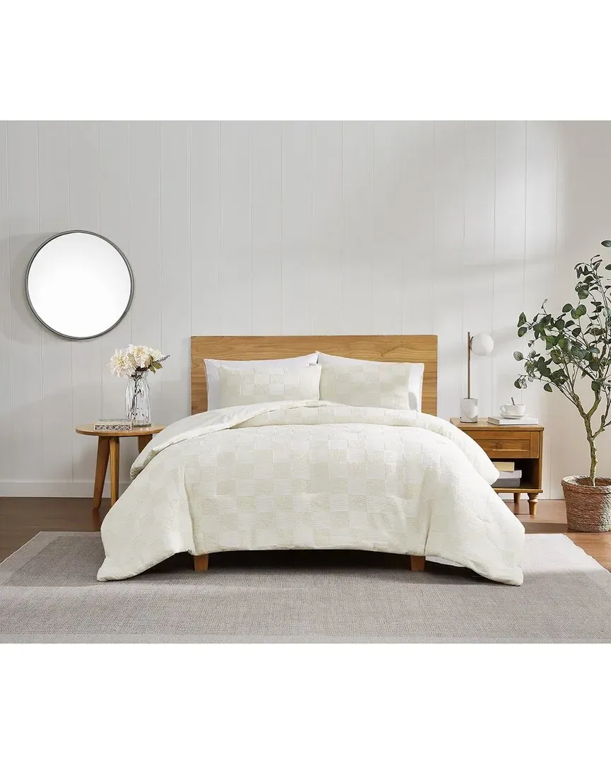 Textured Checkered Duvet Cover Set - Cream, Polyester image