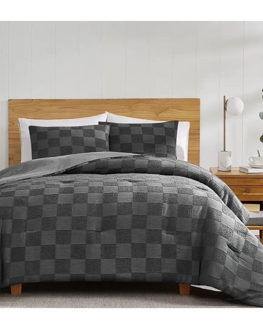 Textured Checkered Duvet Cover Set - Grey, Polyester