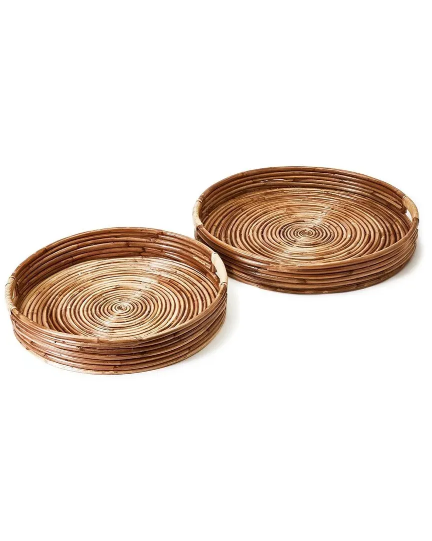 Set of 2 Round Trays with Handles - Brown, Cane