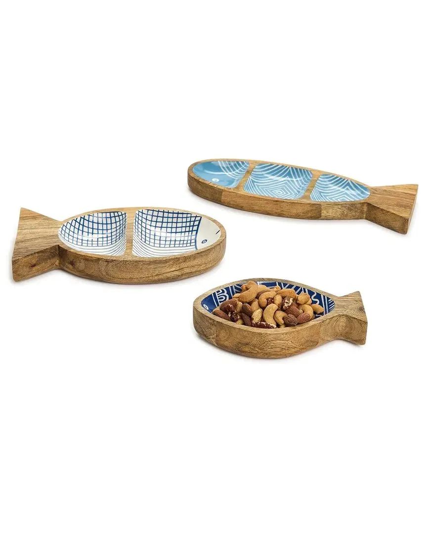 Set of 3 Fish-Shaped Trays - Blue, Mango Wood image