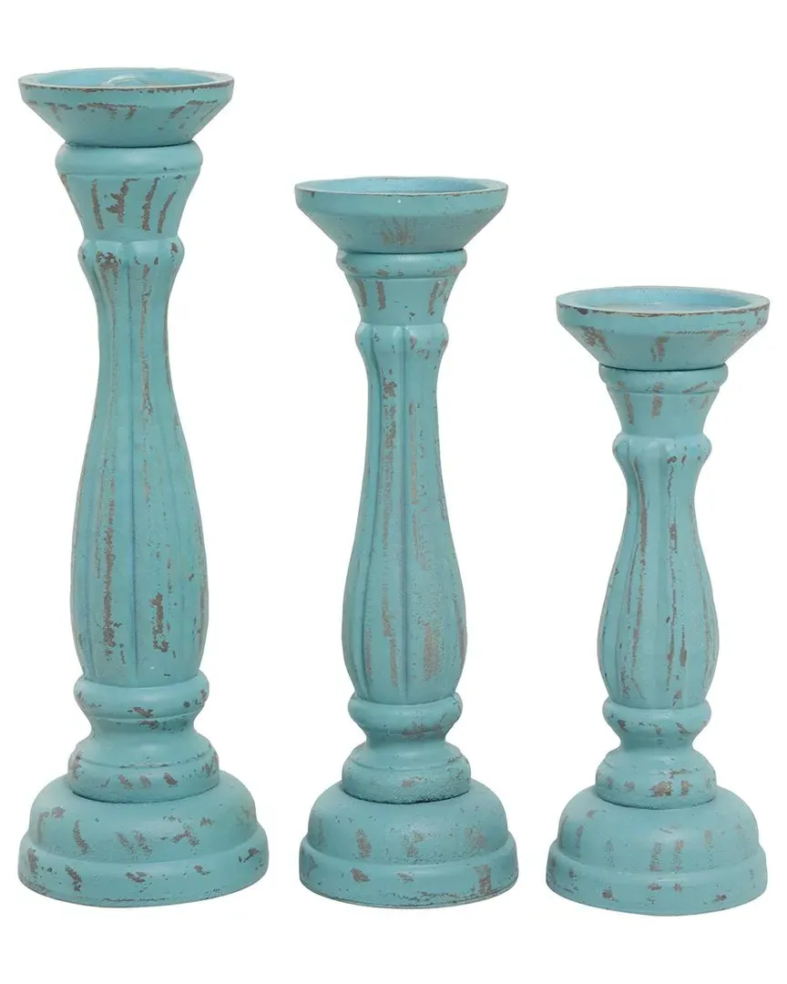 Set of 3 Distressed Candle Holders - Blue, MDF image