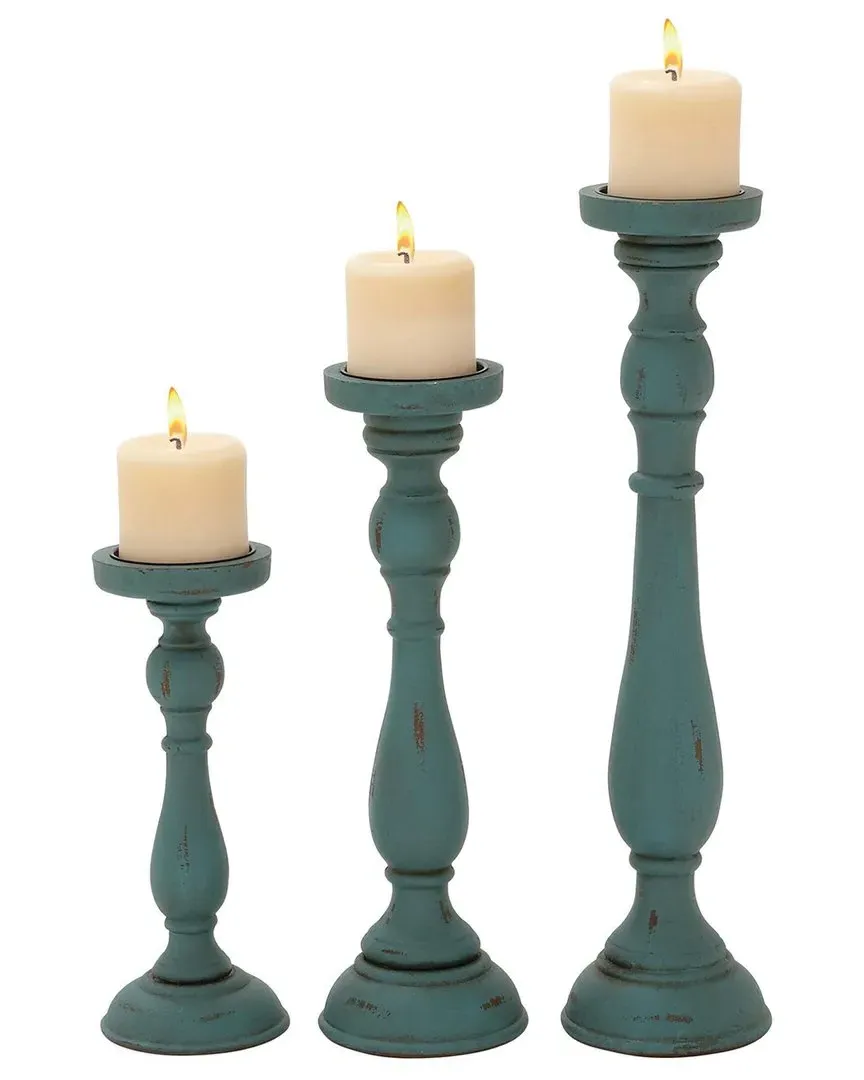 Set of 3 Distressed Turned Candle Holders - Teal, MDF