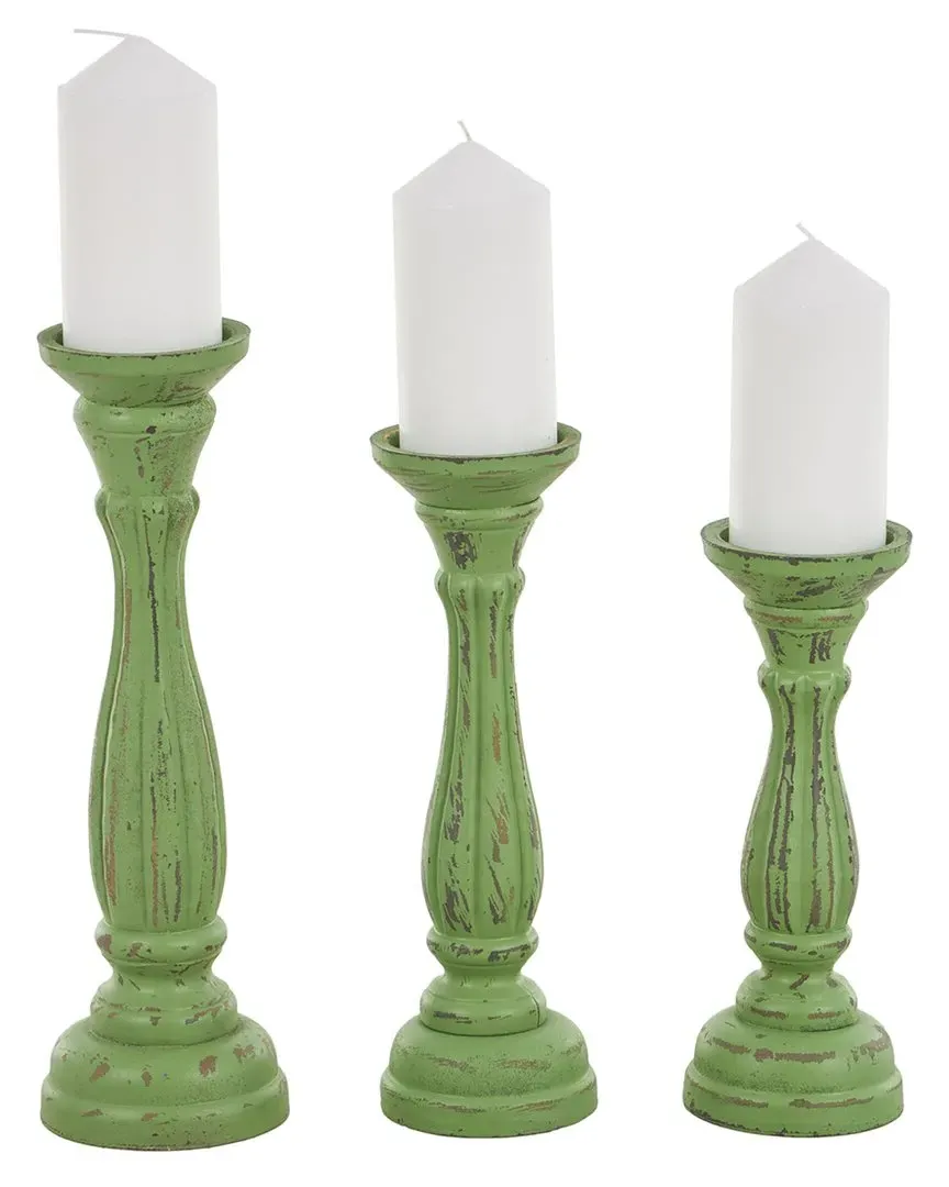 Set of 3 Distressed Turned Pillar Candle Holders - Green, MDF