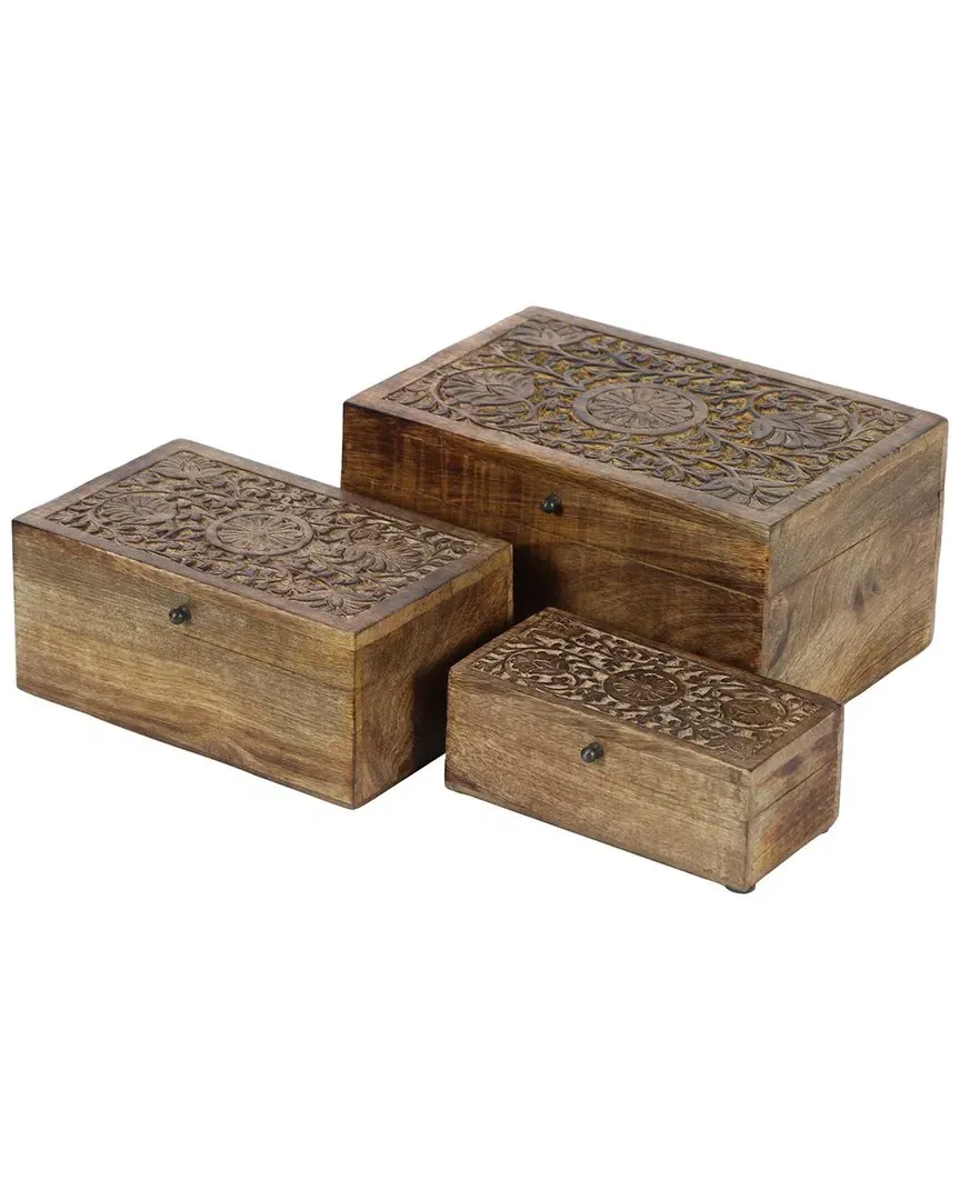 Set of 3 Floral Handmade Decorative Boxes with Hinged Lid - Brown, Mango Wood