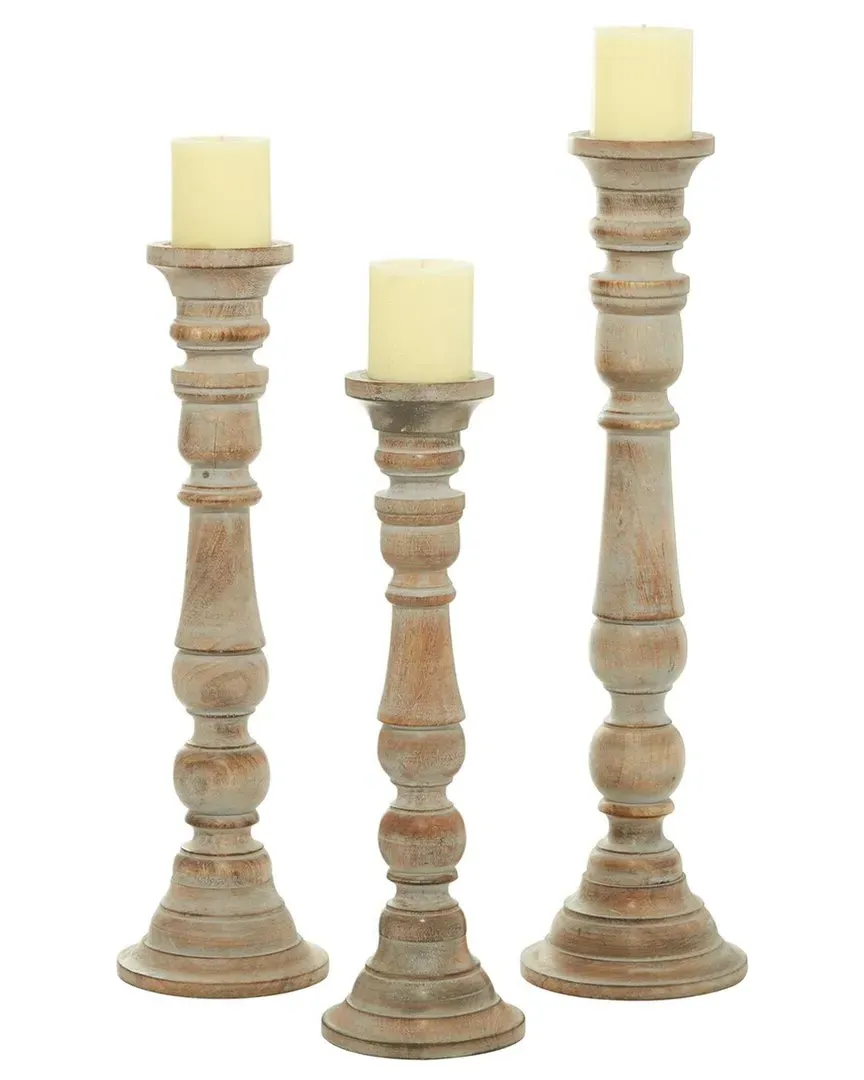 Set of 3 Mango Wood Handmade Candle Holders with Turned Style - Brown image