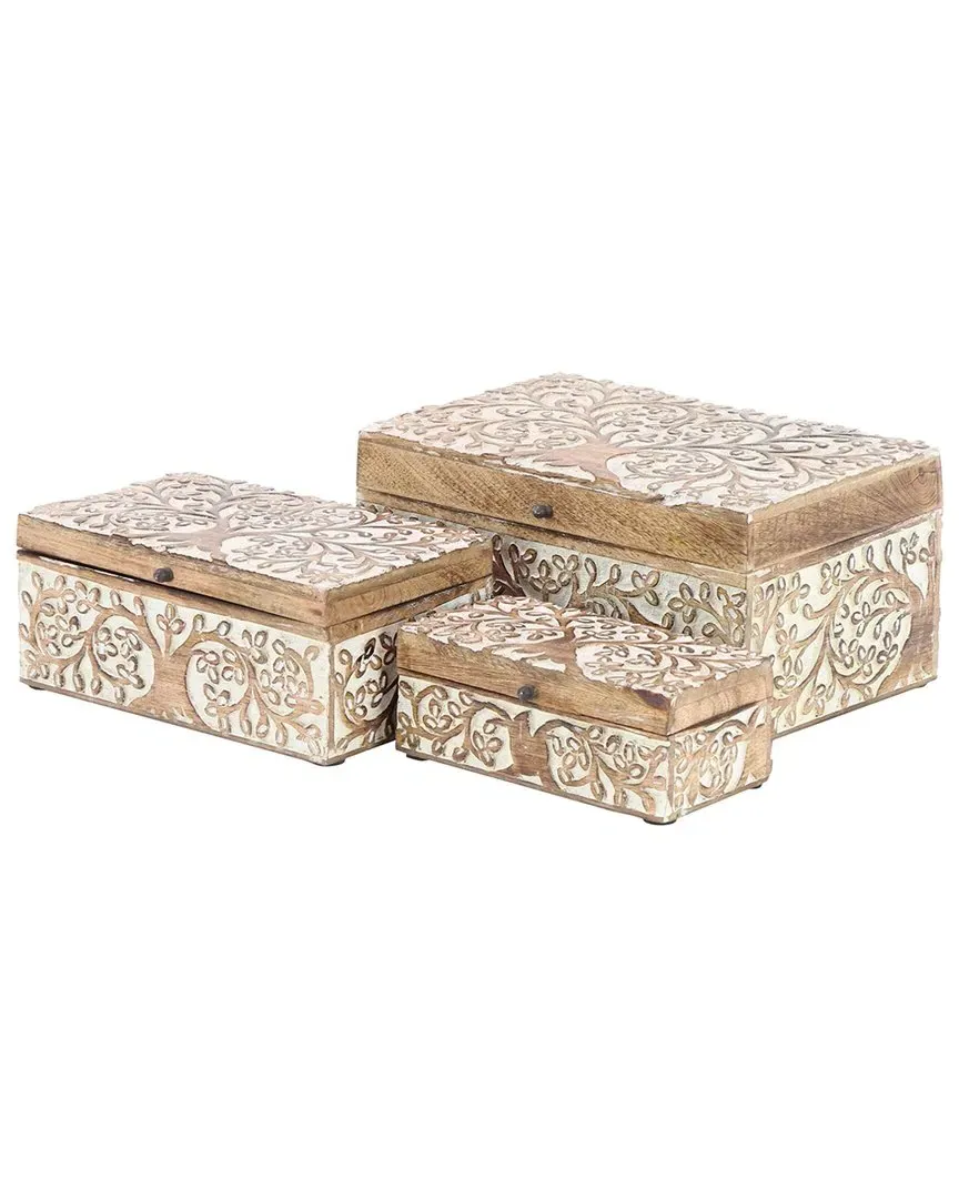 Tree Carved Decorative Storage Box Set of 3 - Brown, Mango Wood image