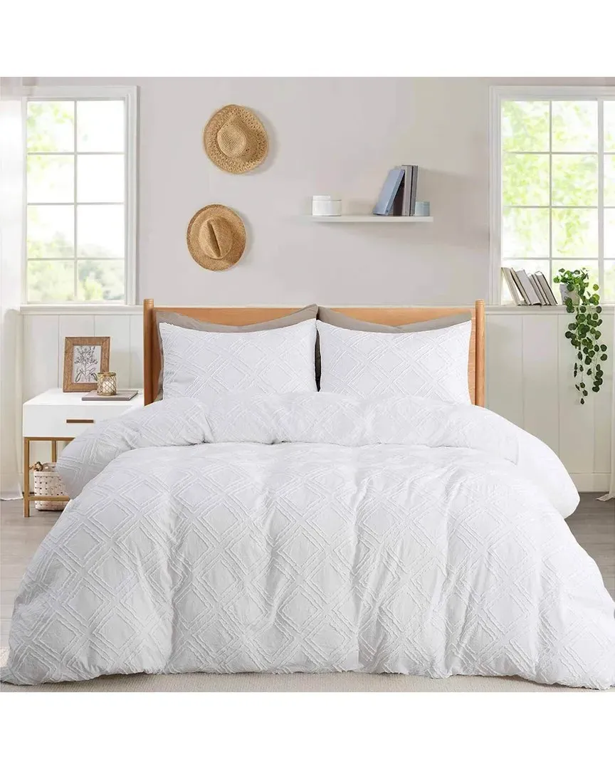2pc Diamond Jacquard Duvet Cover Set - White, Polyester image