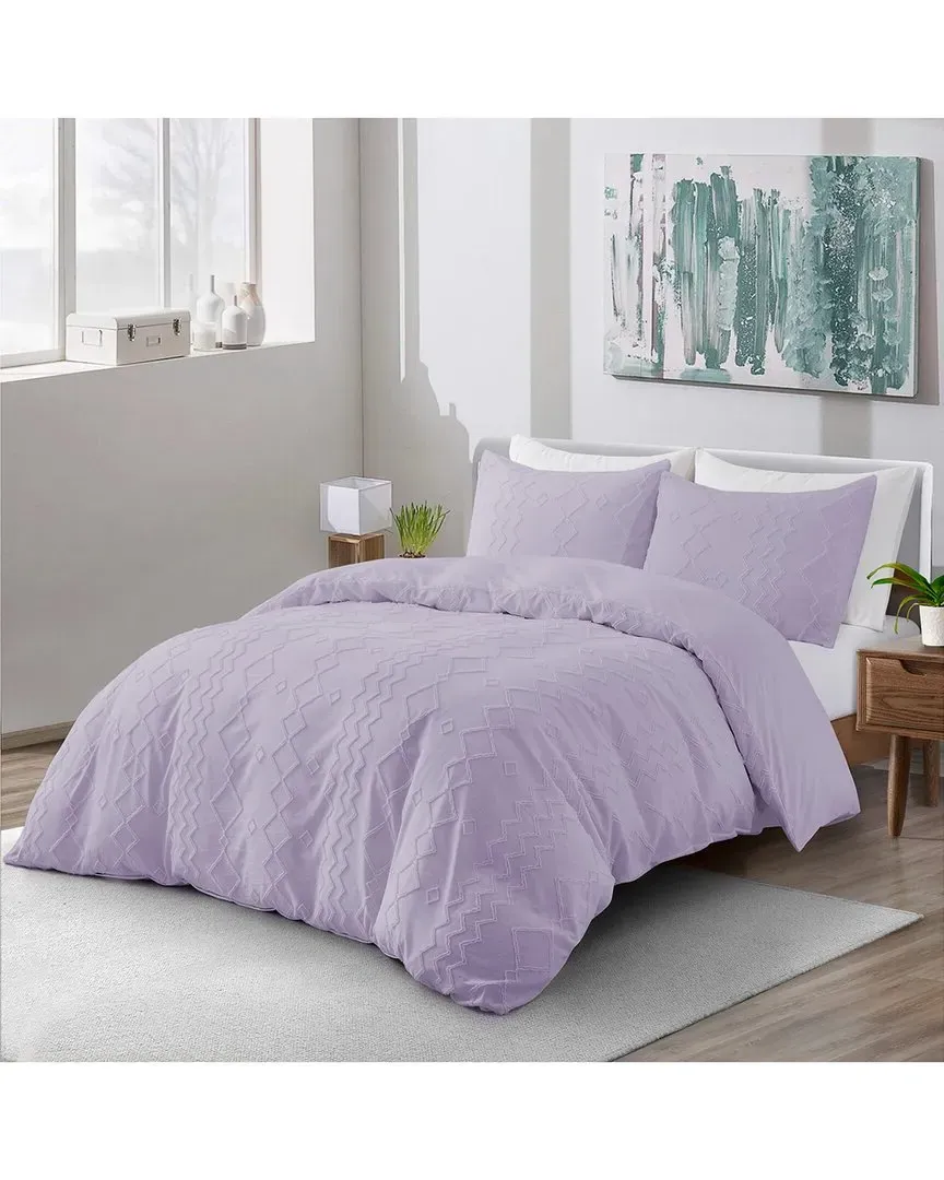 Clipped Jacquard Geometric Duvet Cover Set - Purple, Polyester