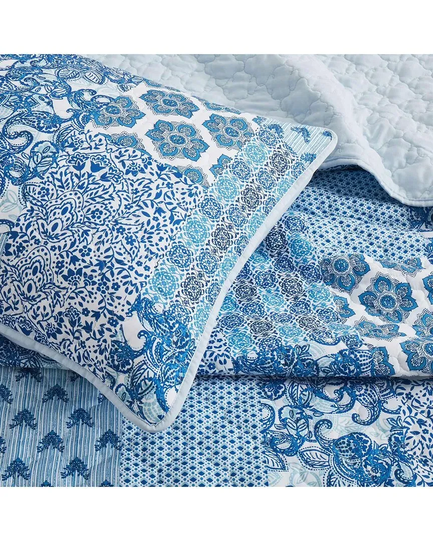 Full/Queen Floral Geometric Printed Coverlet Set - Blue