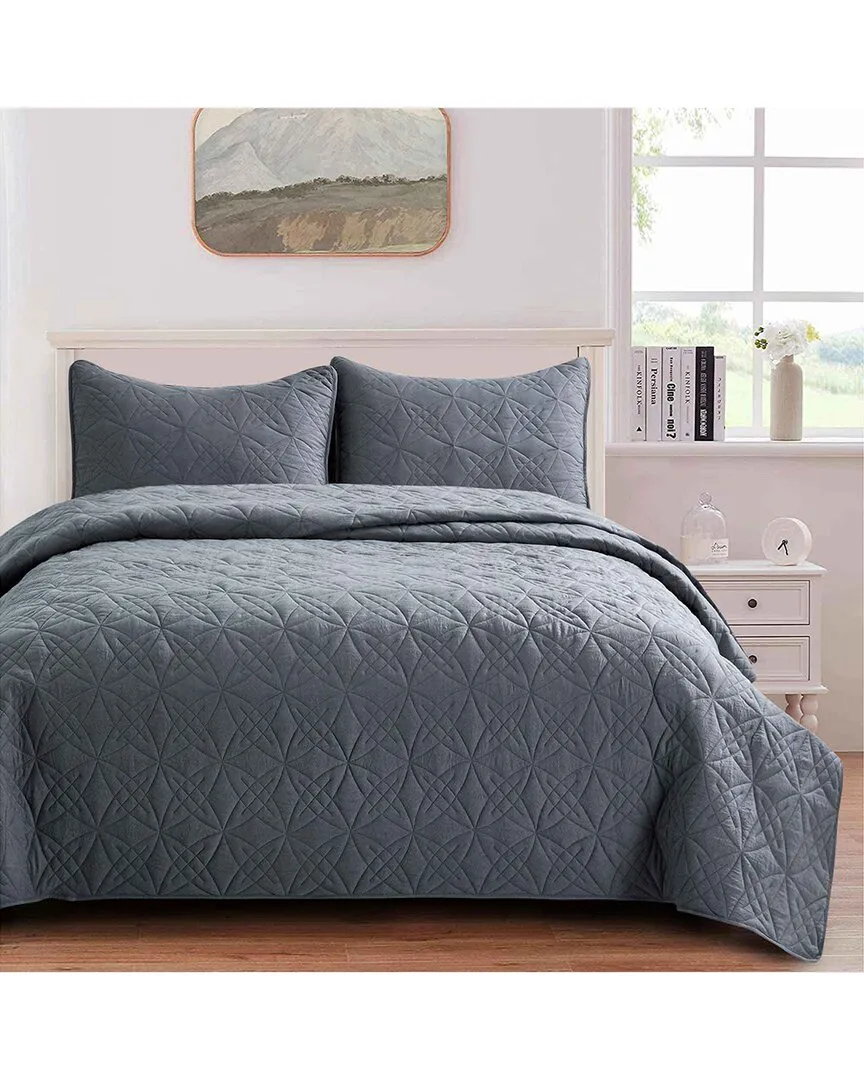 Quilted Reversible Coverlet Set - Grey, Microfiber