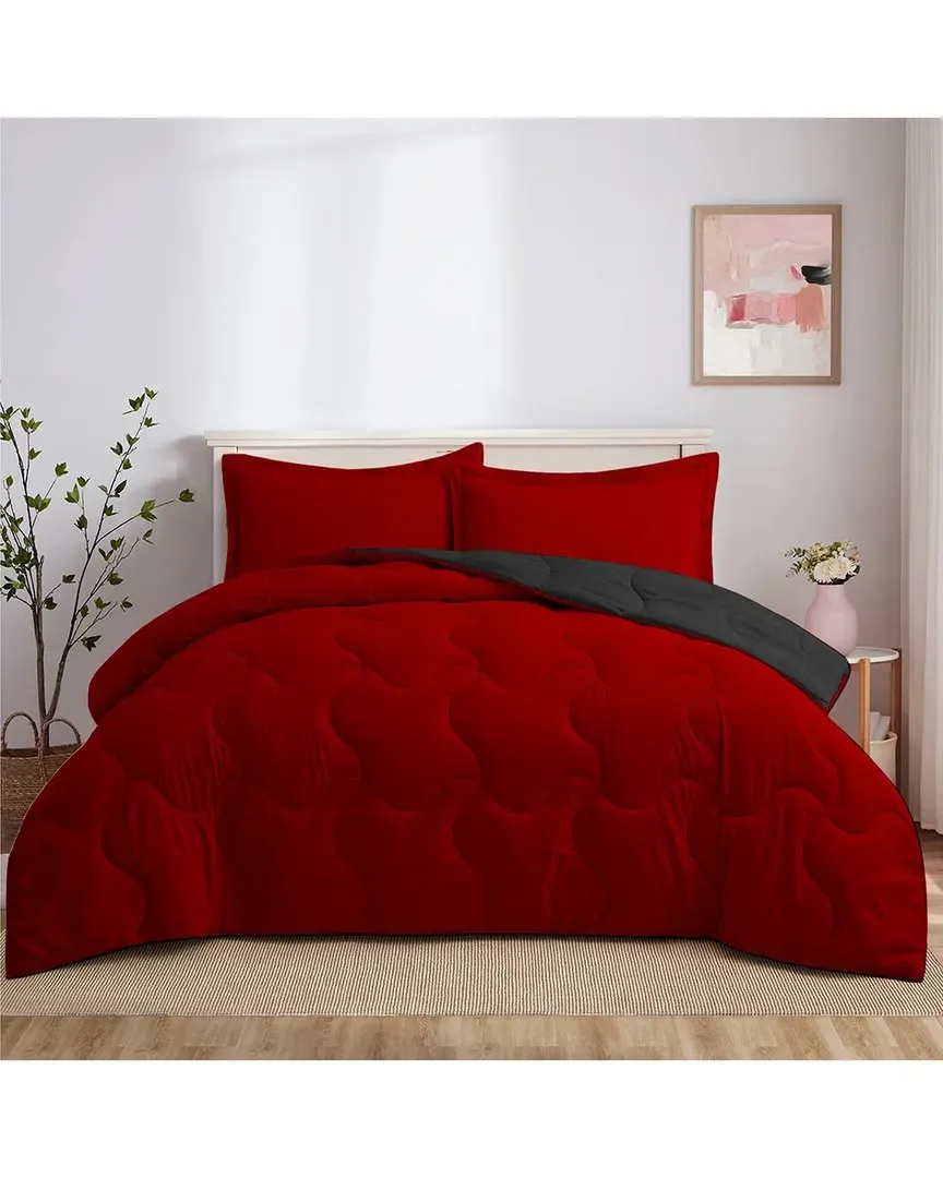 Reversible Quilted Comforter Set - Red, Microfiber