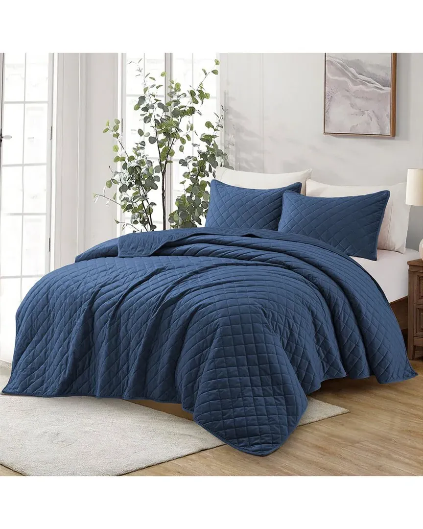 Reversible Velvet Coverlet Set - Navy, Polyester image