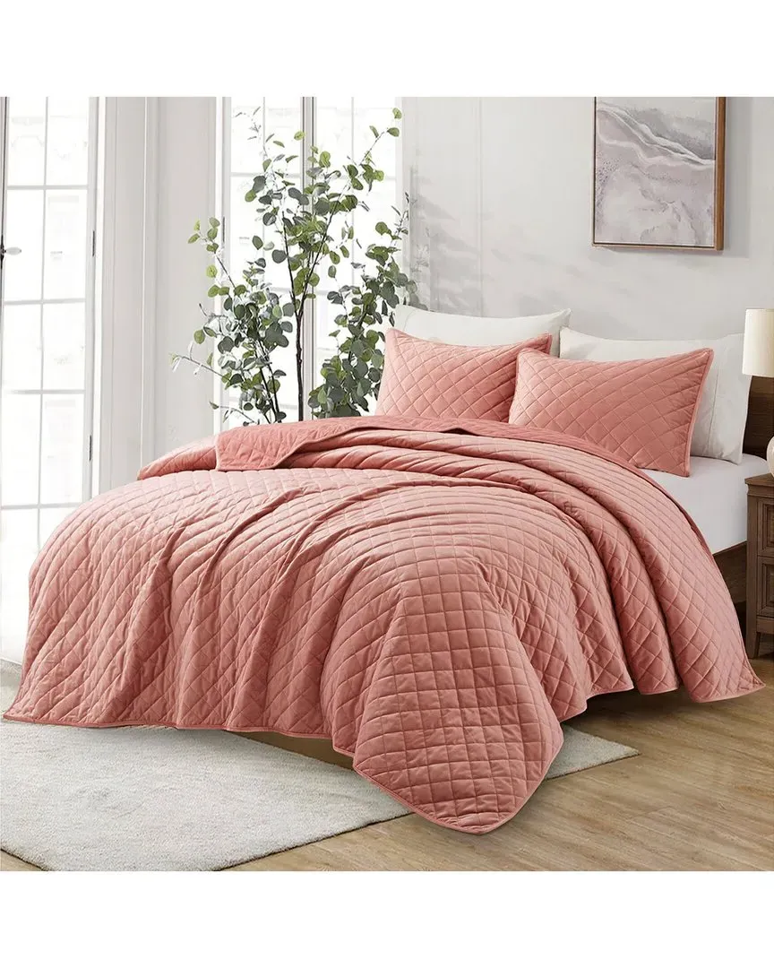 Reversible Velvet Coverlet Set - Pink, Polyester