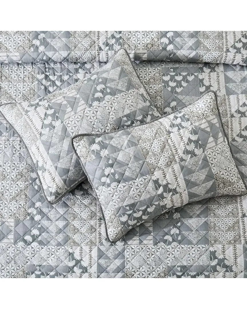 Twin Floral Geometric Printed Coverlet Set - Grey