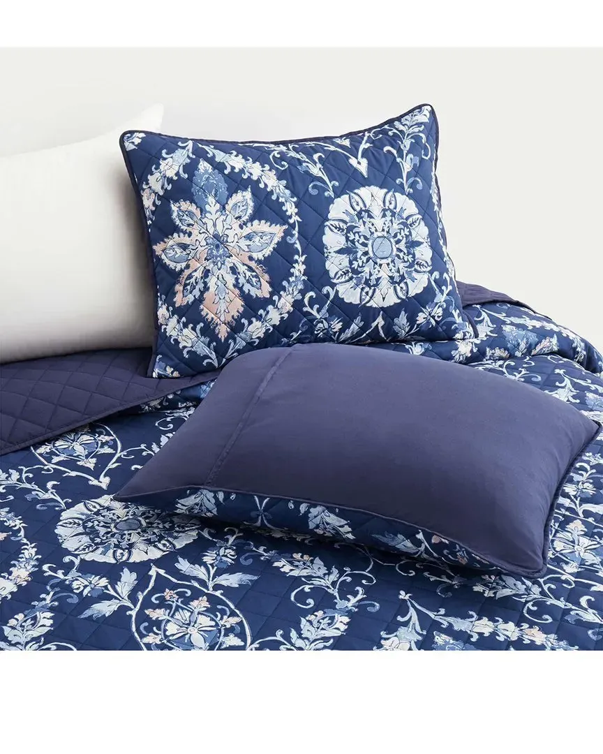 Twin Floral Geometric Printed Coverlet Set - Navy