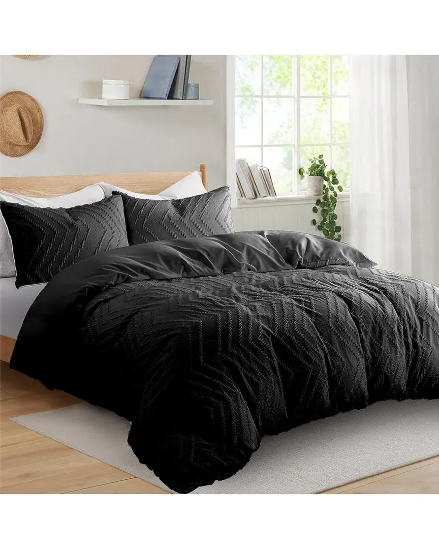 Wave Quilted Jacquard Duvet Cover Set - Black, Polyester