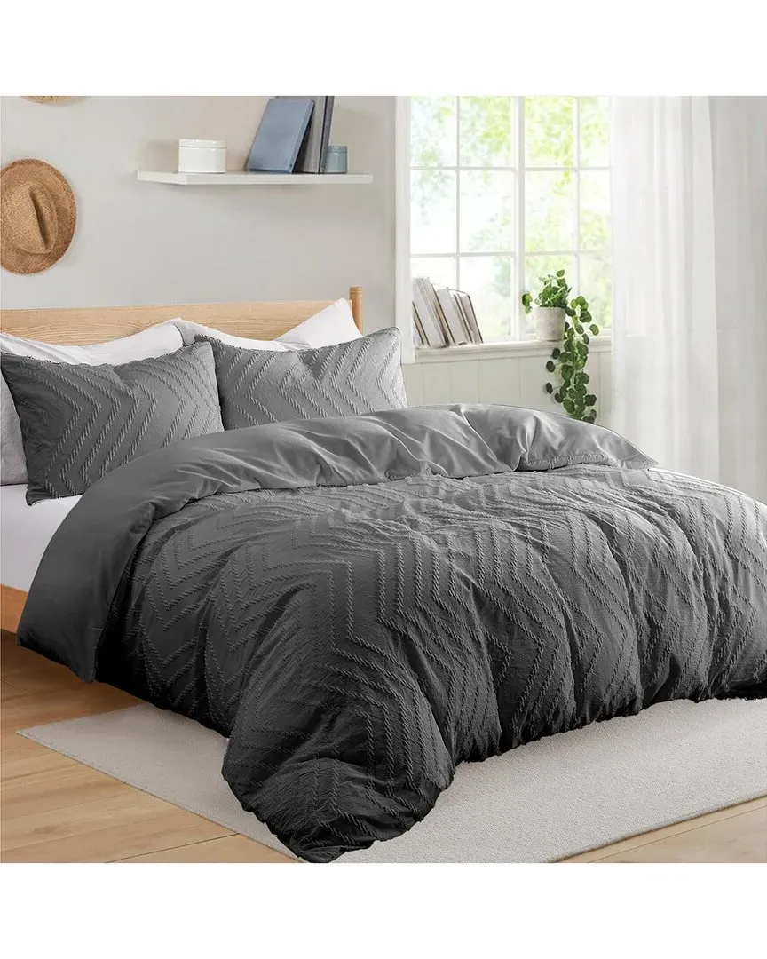 Wave Quilted Jacquard Duvet Cover Set - Gray, Polyester