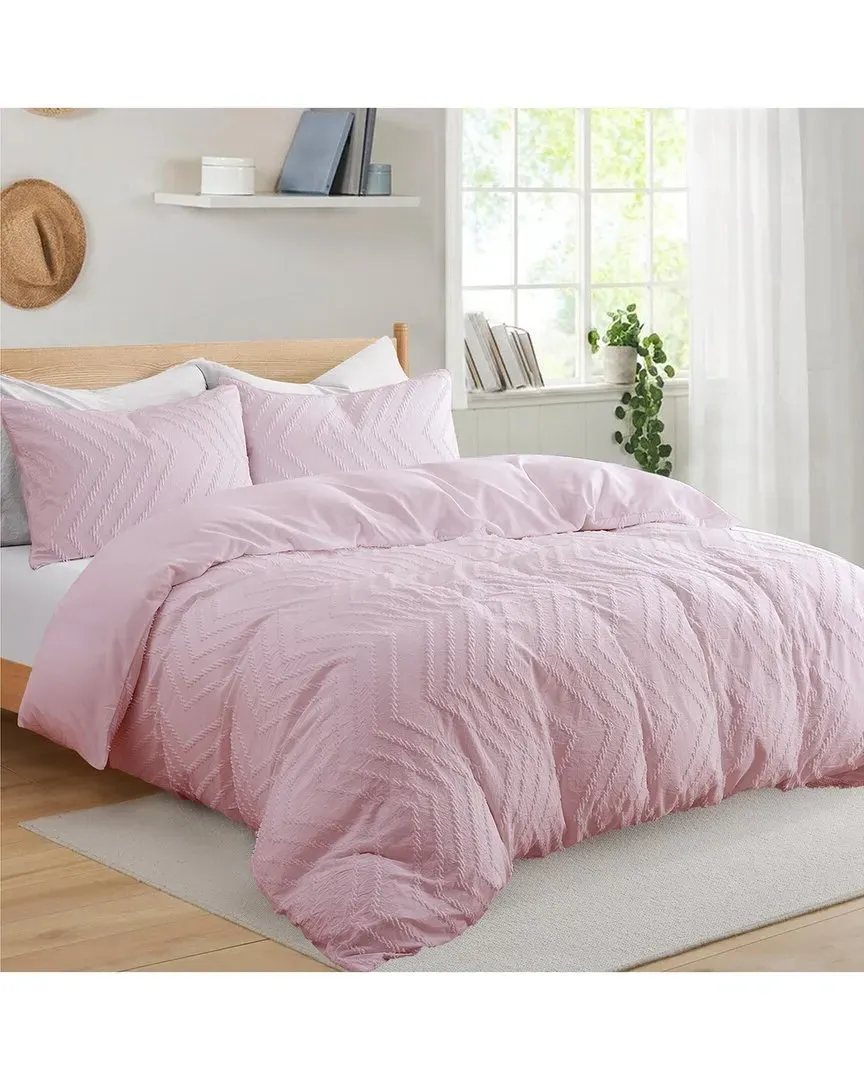 Wave Quilted Jacquard Duvet Cover Set - Pink, Polyester