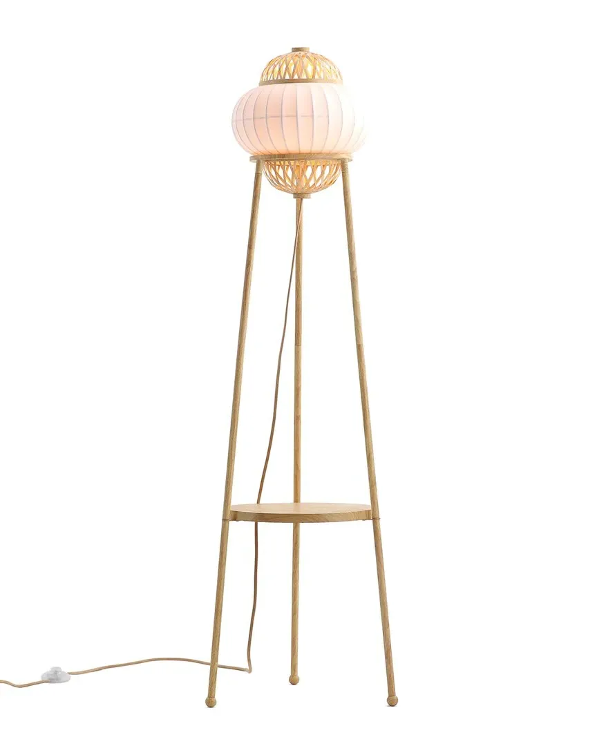 Hikari Adjustable Height Floor Lamp with Shelf - Beige, Bamboo