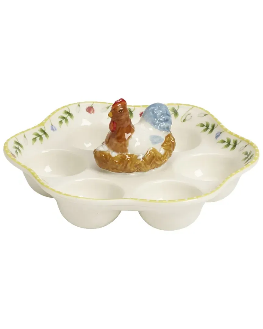 Spring Awakening Egg Plate Rooster And Hen - White, Porcelain