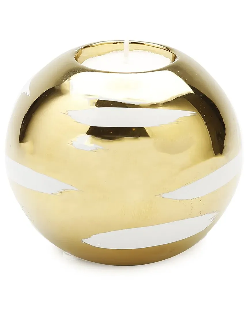 Gold Tea Light Holder with White Block Design - White, Ceramic image