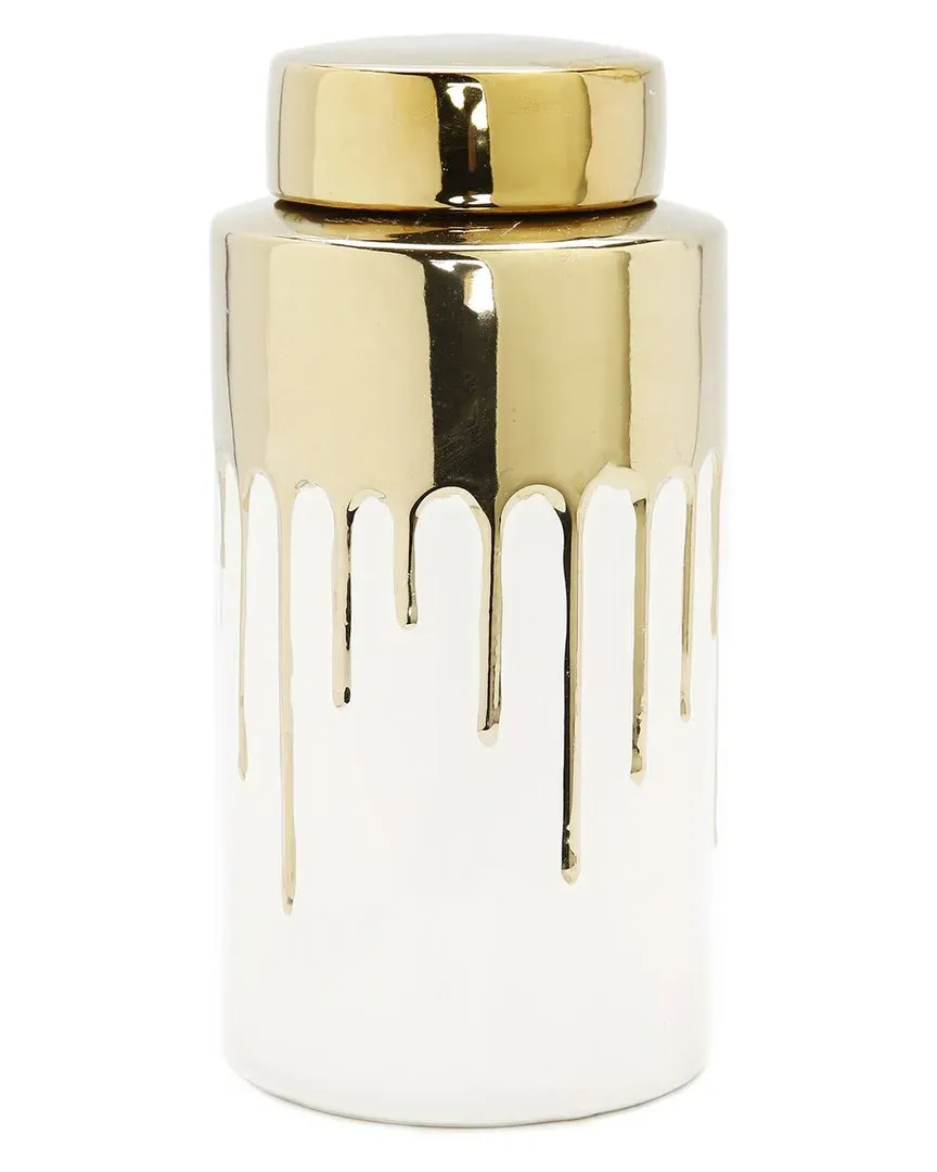 Medium Jar with Cover and Drip Design - White, Ceramic