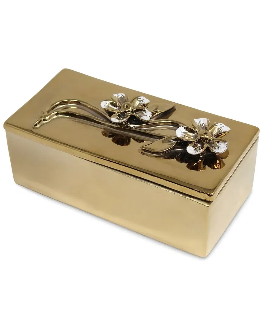 Oblong Decorative Box with Flower Lid - Gold, Stainless Steel