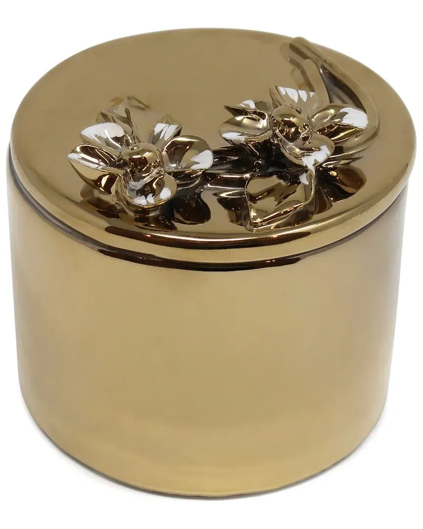 Round Decorative Box with Flower Lid - Gold, Stainless Steel image