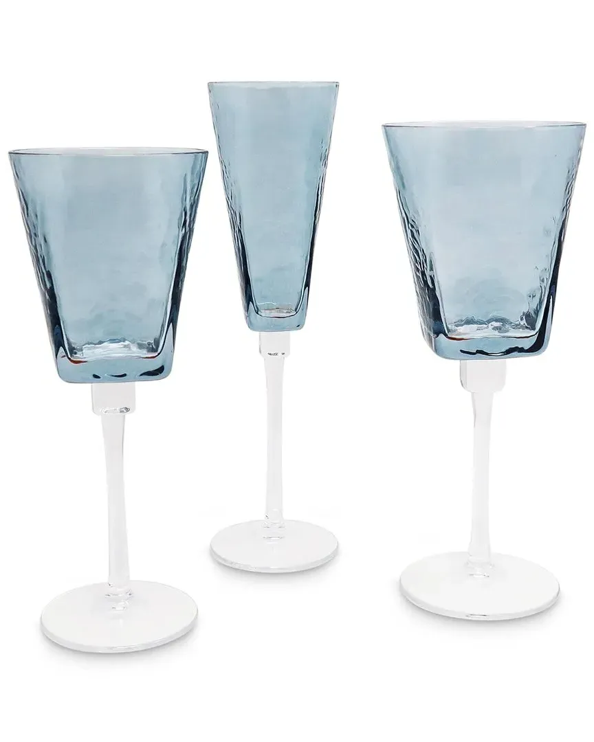 Set of 6 Hammered Wine Glasses - Blue, Glass